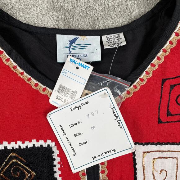 VTG Patchwork Embroidered Top Sz M Red Black Long Sleeve Funky Abstract Linen - Picture 5 of 13